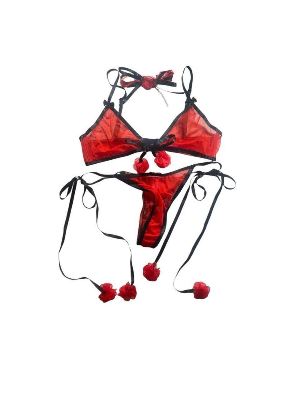 Dollskill Red Floral Sheer Mesh Lingerie Set
